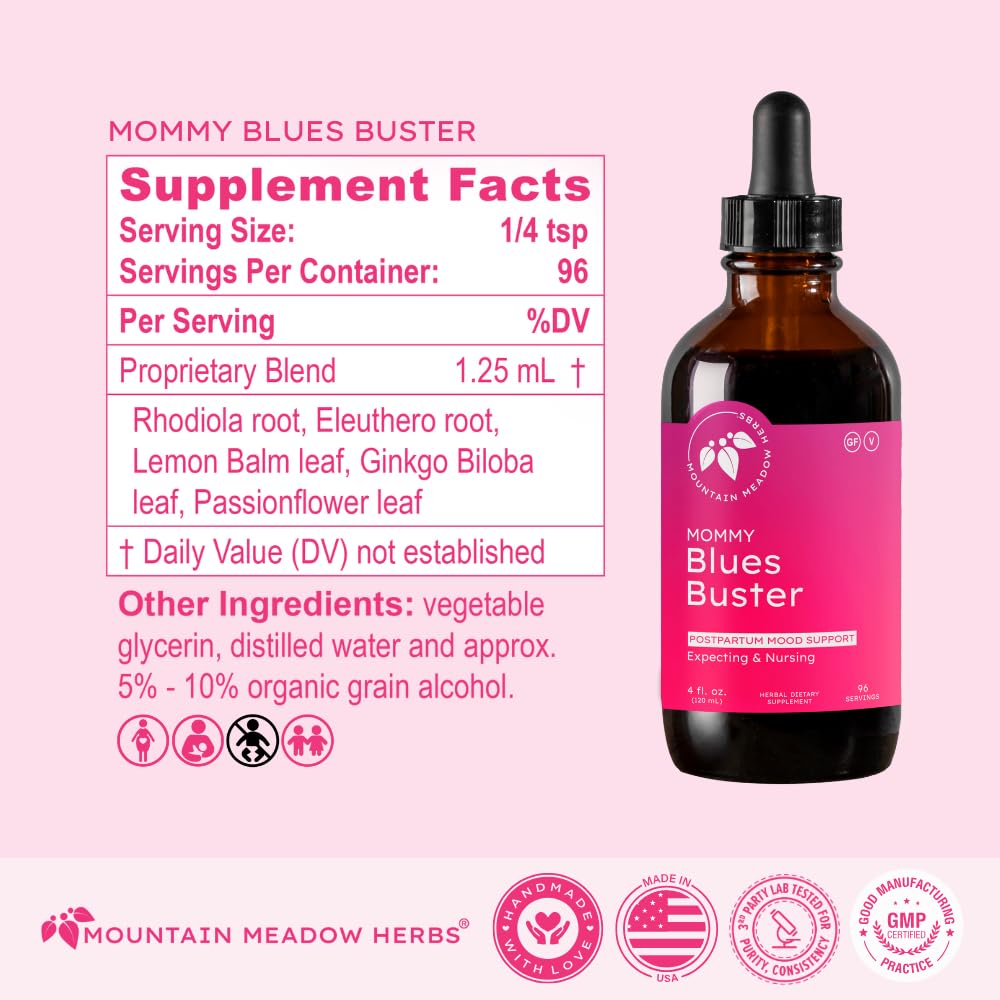 Mountain Meadow Herbs Mommy Blues Buster on morning routine setup promoting calm focus.