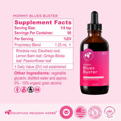 Mountain Meadow Herbs Mommy Blues Buster on morning routine setup promoting calm focus.