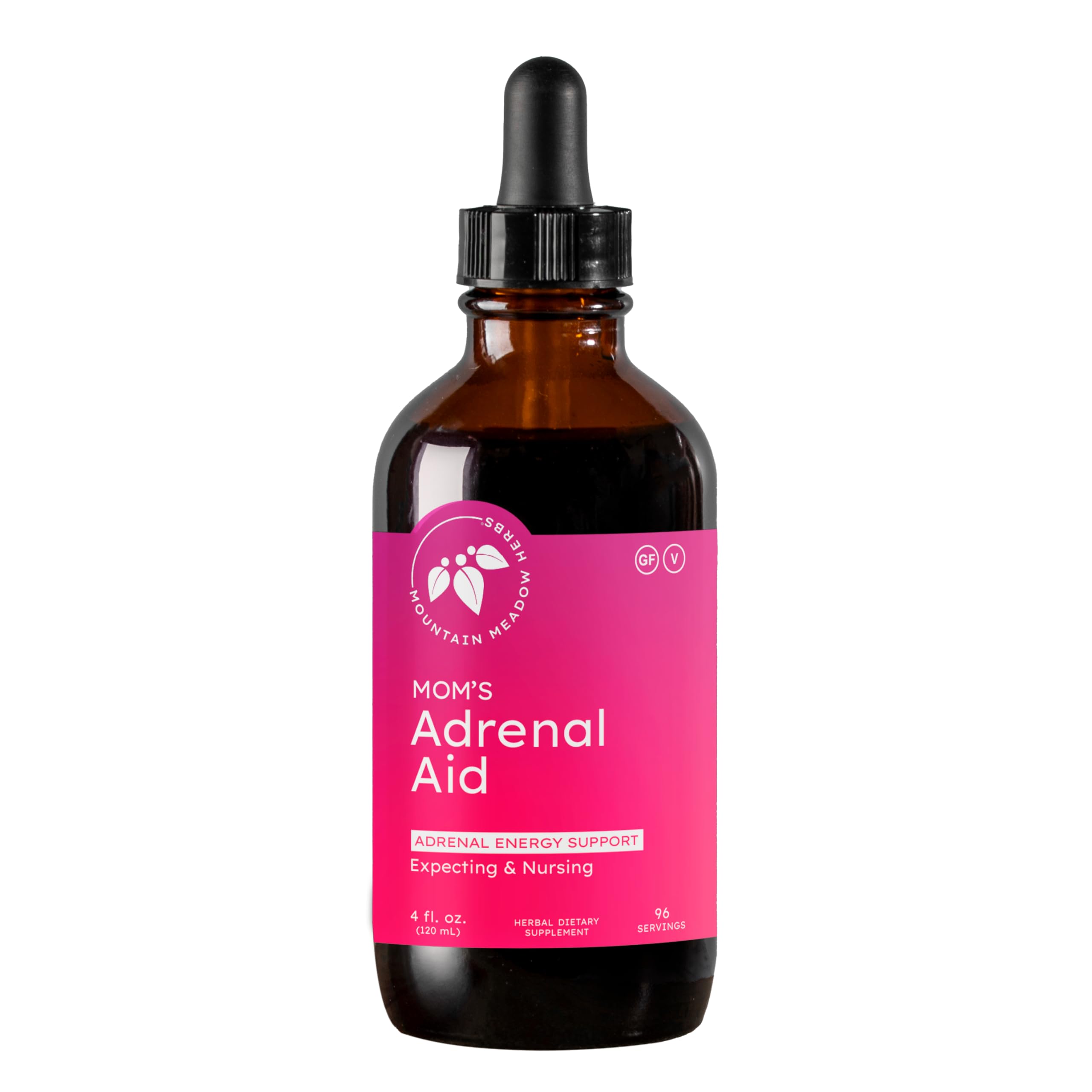 Mountain Meadow Herbs Mom's Adrenal Aid bottle with dropper for convenient, caffeine-free daily dosing.