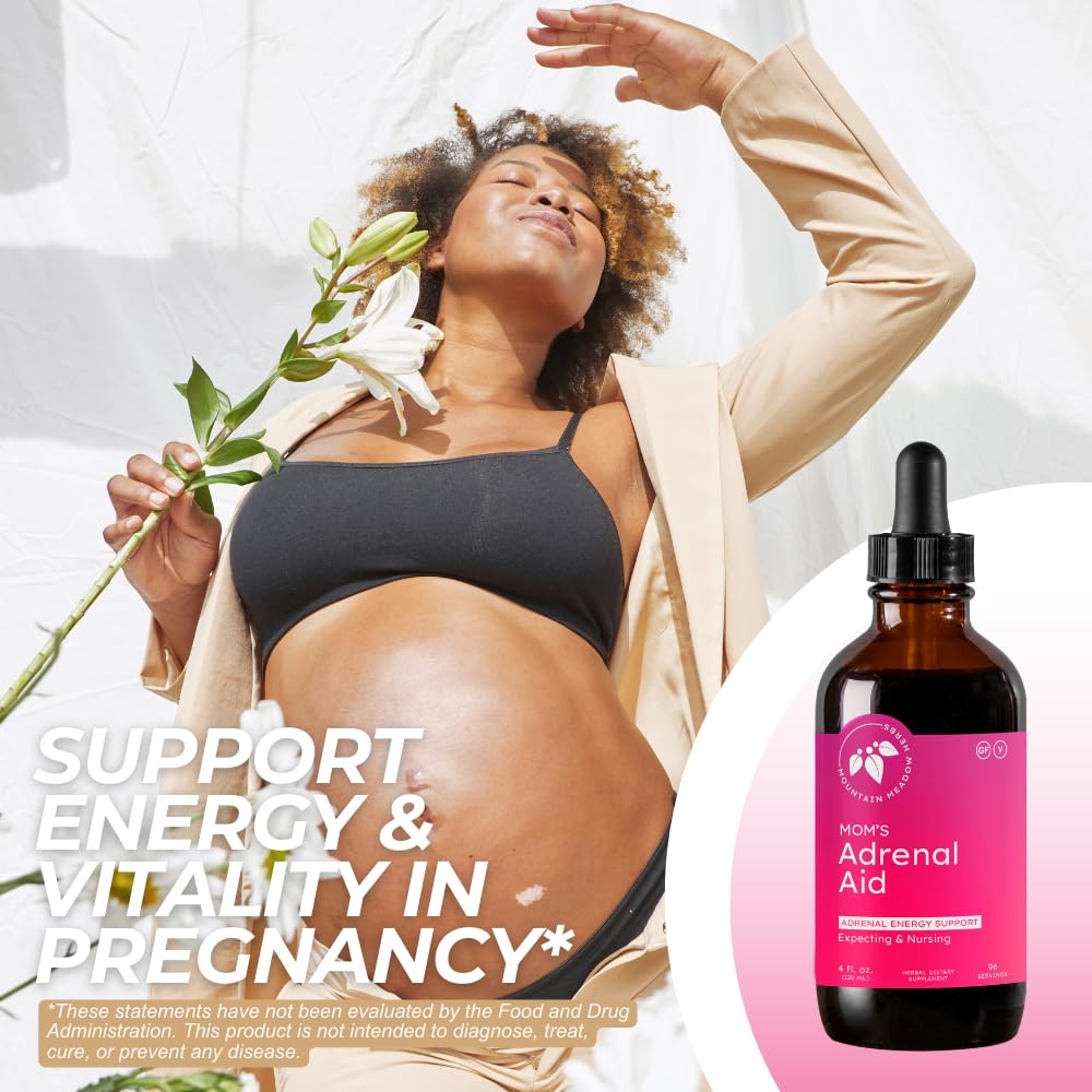 Mountain Meadow Herbs Mom's Adrenal Aid label highlights natural ingredients.