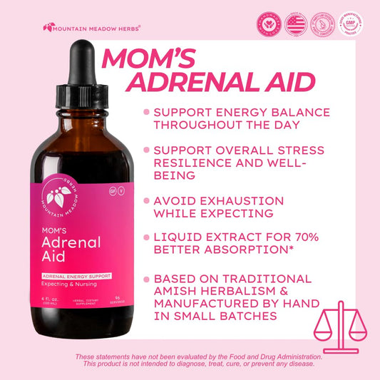 Mountain Meadow Herbs Mom's Adrenal Aid liquid close-up shows natural color and texture.