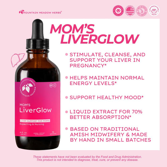 Mountain Meadow Herbs Mom's Liver Glow bottle label highlights detox ingredients