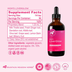 Mountain Meadow Herbs Mom's Liver Glow ingredients list shows milk thistle and bilberry