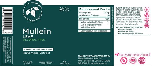 Mountain Meadow Herbs mullein tincture dropper image showing flexible dosing options