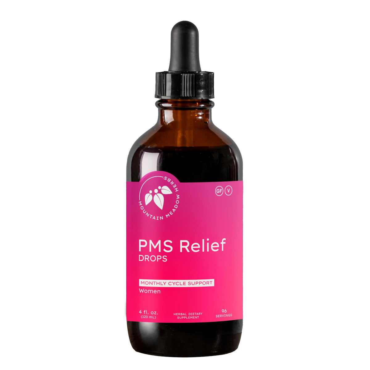 Mountain Meadow Herbs PMS Relief Drops bottle on wood surface for monthly balance.