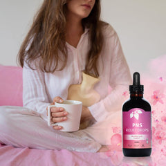 PMS Relief Drops label close-up highlighting herbal blend and quality.