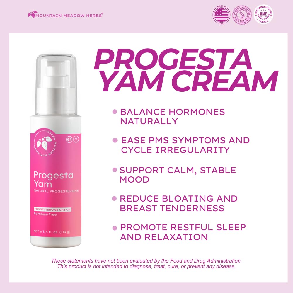 Mountain Meadow Herbs Progesta-Yam cream bottle being applied to skin for daily use.