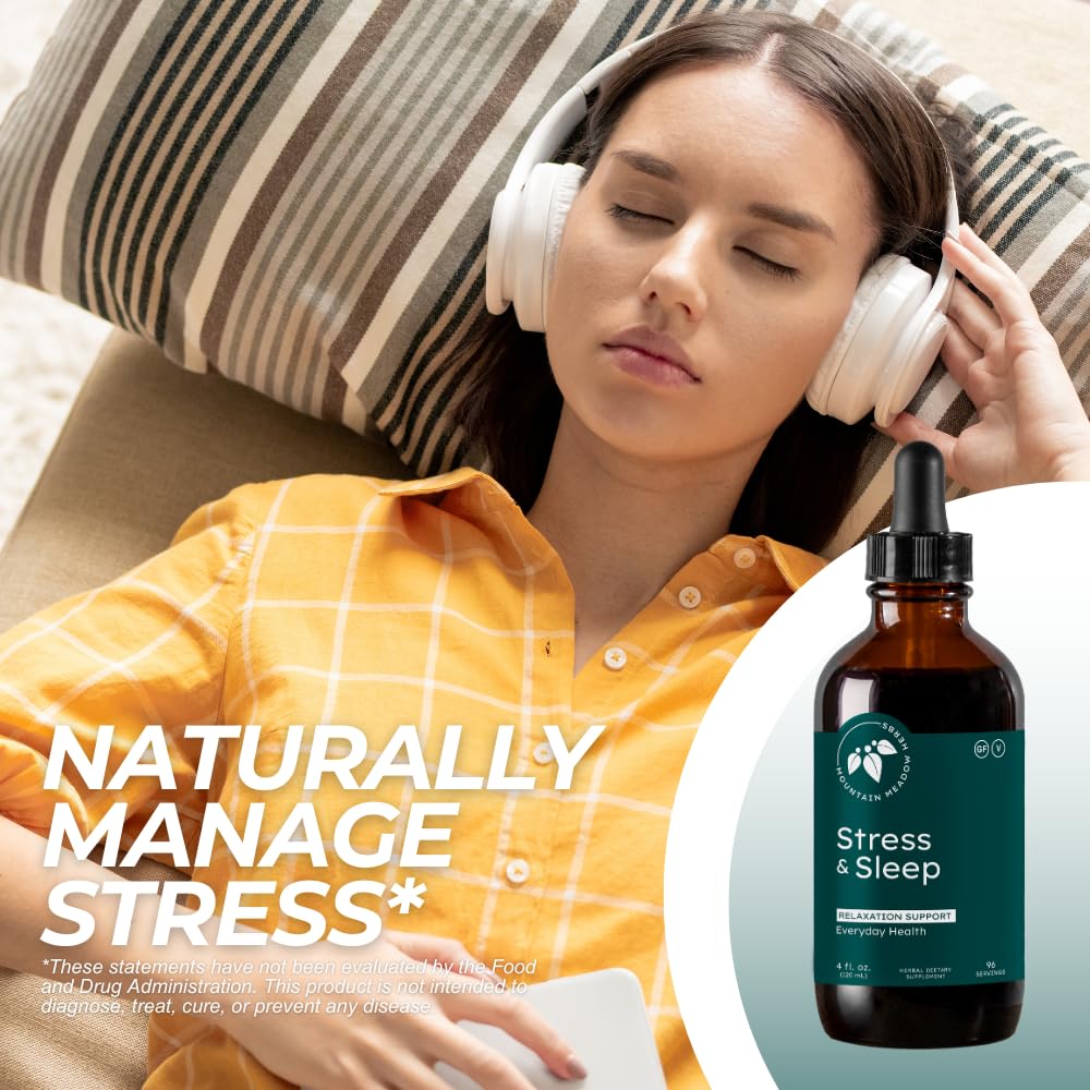 Mountain Meadow Herbs Stress & Sleep liquid open bottle suggests easy nightly dosing.