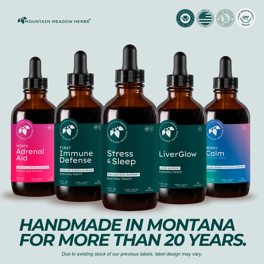 Mountain Meadow Herbs Stress & Sleep bottle with stopper ready for bedside routine.