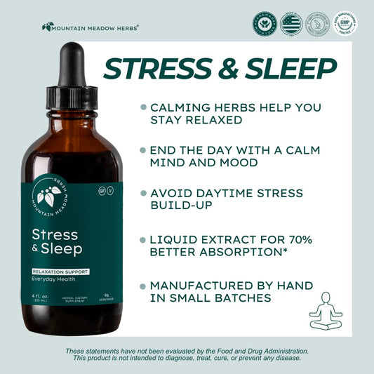 Mountain Meadow Herbs Stress & Sleep label closeup highlights natural ingredients and clean formulation.