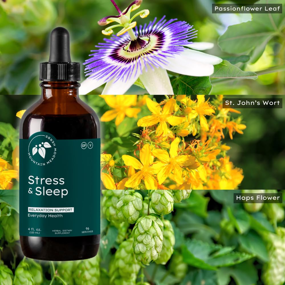 Mountain Meadow Herbs Stress & Sleep packaging view conveys premium small-batch quality.