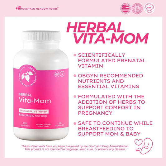 Vita-MOM label closeup highlights 5-MTHF folate and iron for nourishment