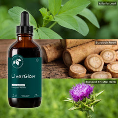 Liver Glow bottle with glass of water ready to take