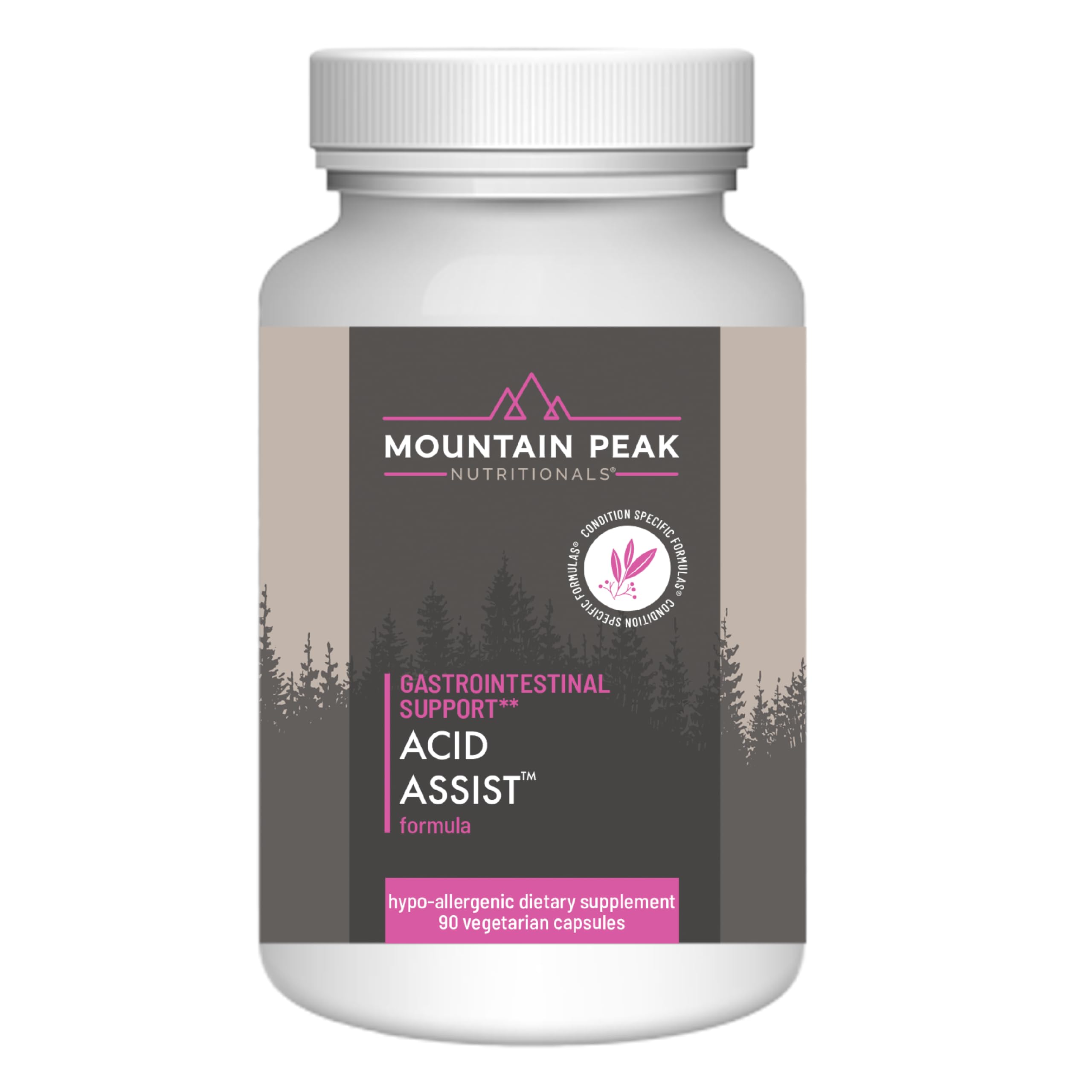 Mountain Peak Acid Assist bottle label showing hypoallergenic formula for gentle GI support.