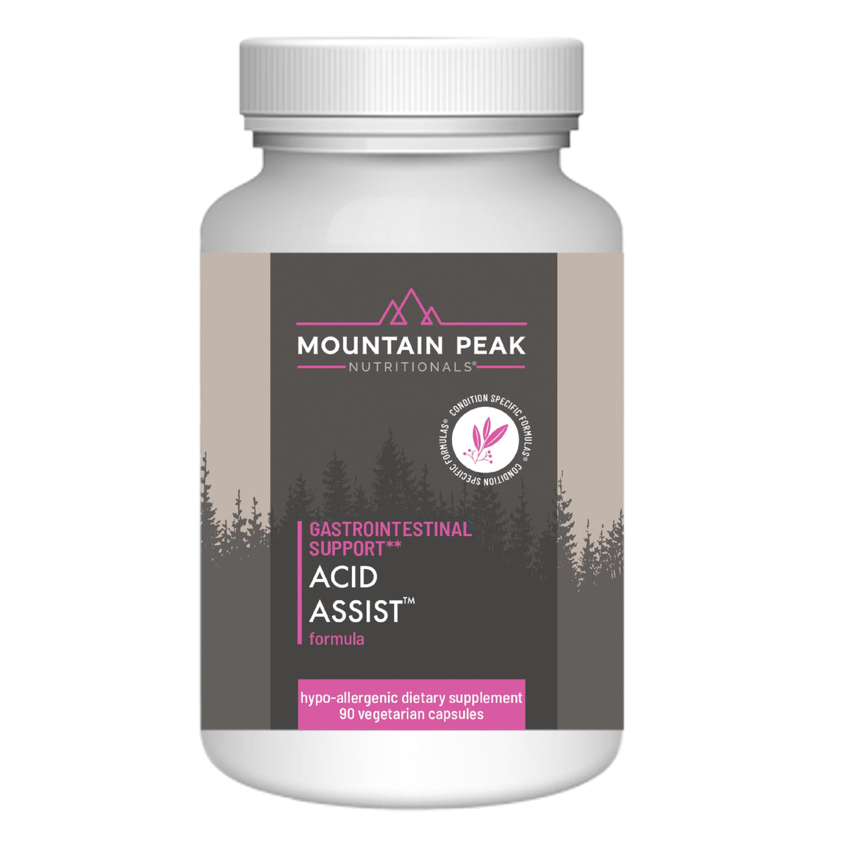 Mountain Peak Acid Assist bottle label showing hypoallergenic formula for gentle GI support.