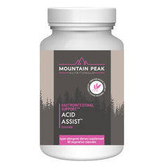Mountain Peak Acid Assist bottle label showing hypoallergenic formula for gentle GI support.