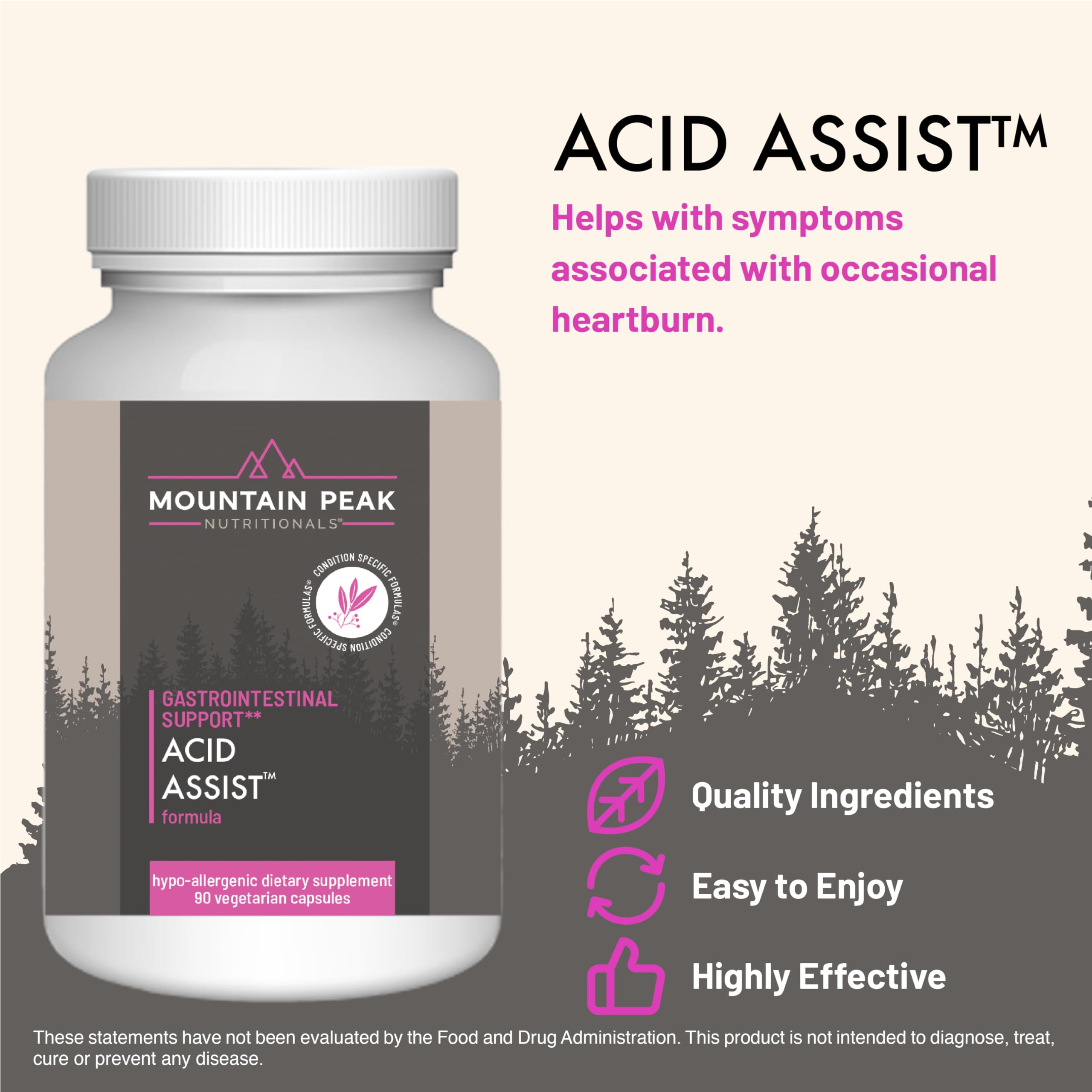 Mountain Peak Acid Assist capsules poured out with smooth, easy-to-swallow texture.