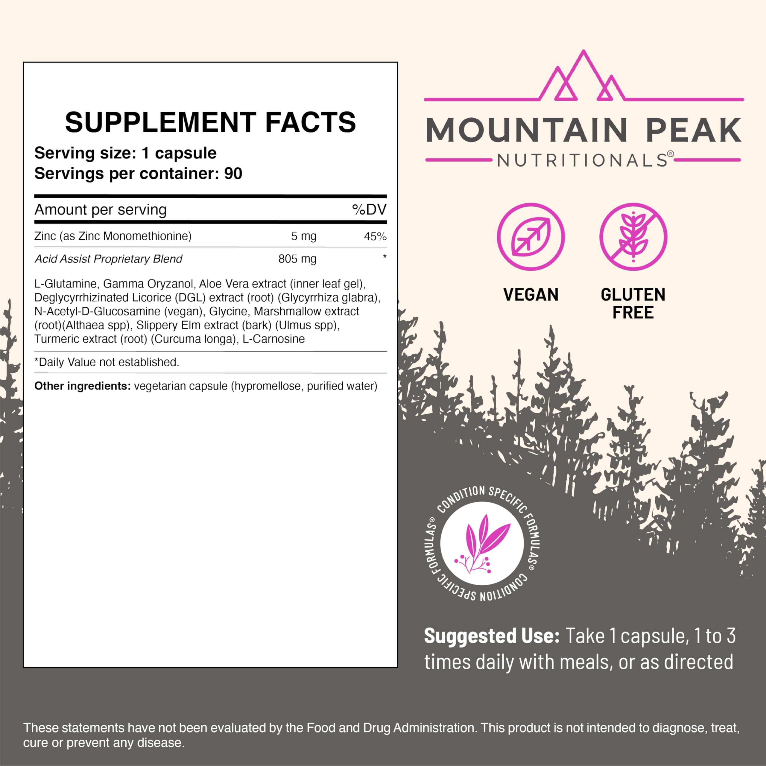 Mountain Peak Acid Assist ingredients featuring glutamine and aloe vera for tissue support.