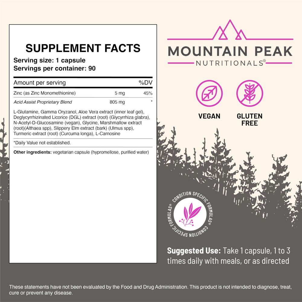 Mountain Peak Acid Assist ingredients featuring glutamine and aloe vera for tissue support.