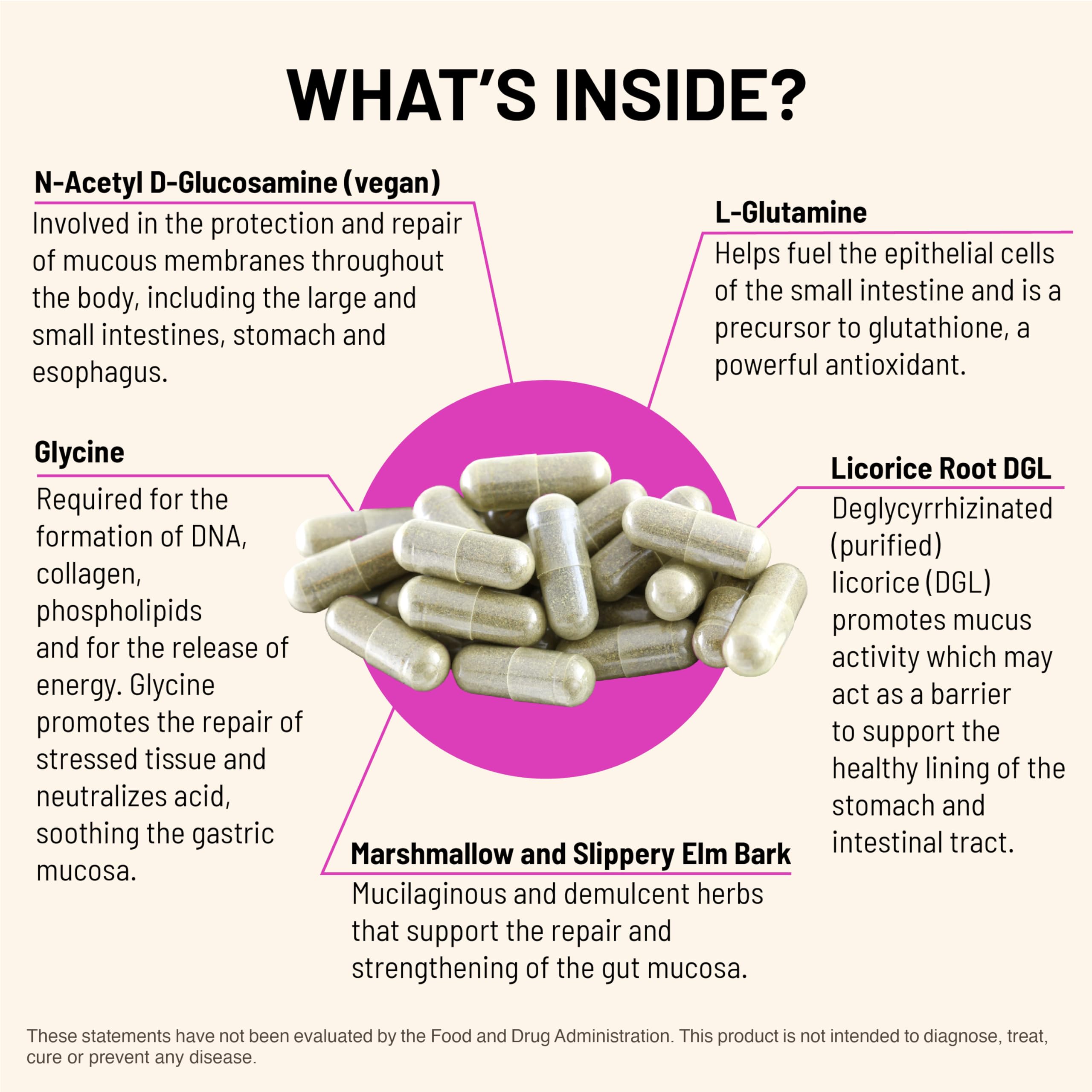Mountain Peak Acid Assist capsule close-up highlighting N-acetyl glucosamine for tissue support.