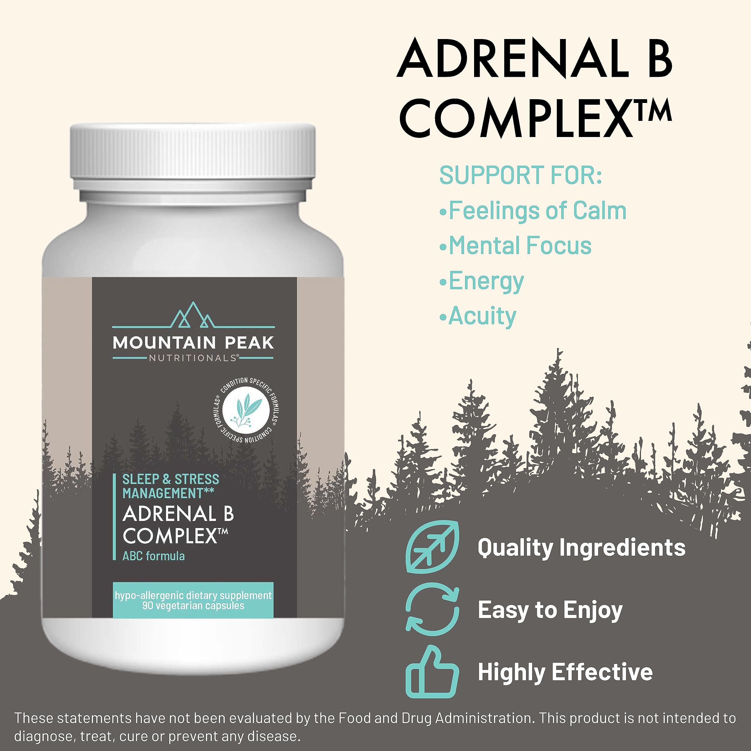 Mountain Peak Adrenal B Complex bottle front, easy-to-swallow vegetarian capsules.