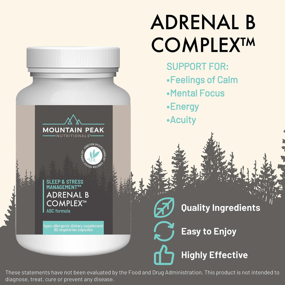 Mountain Peak Adrenal B Complex bottle front, easy-to-swallow vegetarian capsules.