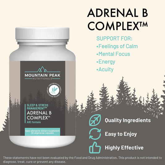 Mountain Peak Adrenal B Complex bottle front, easy-to-swallow vegetarian capsules.