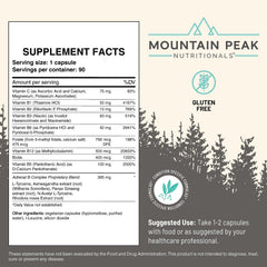 Mountain Peak Adrenal B Complex ingredients label shows clean formulation.
