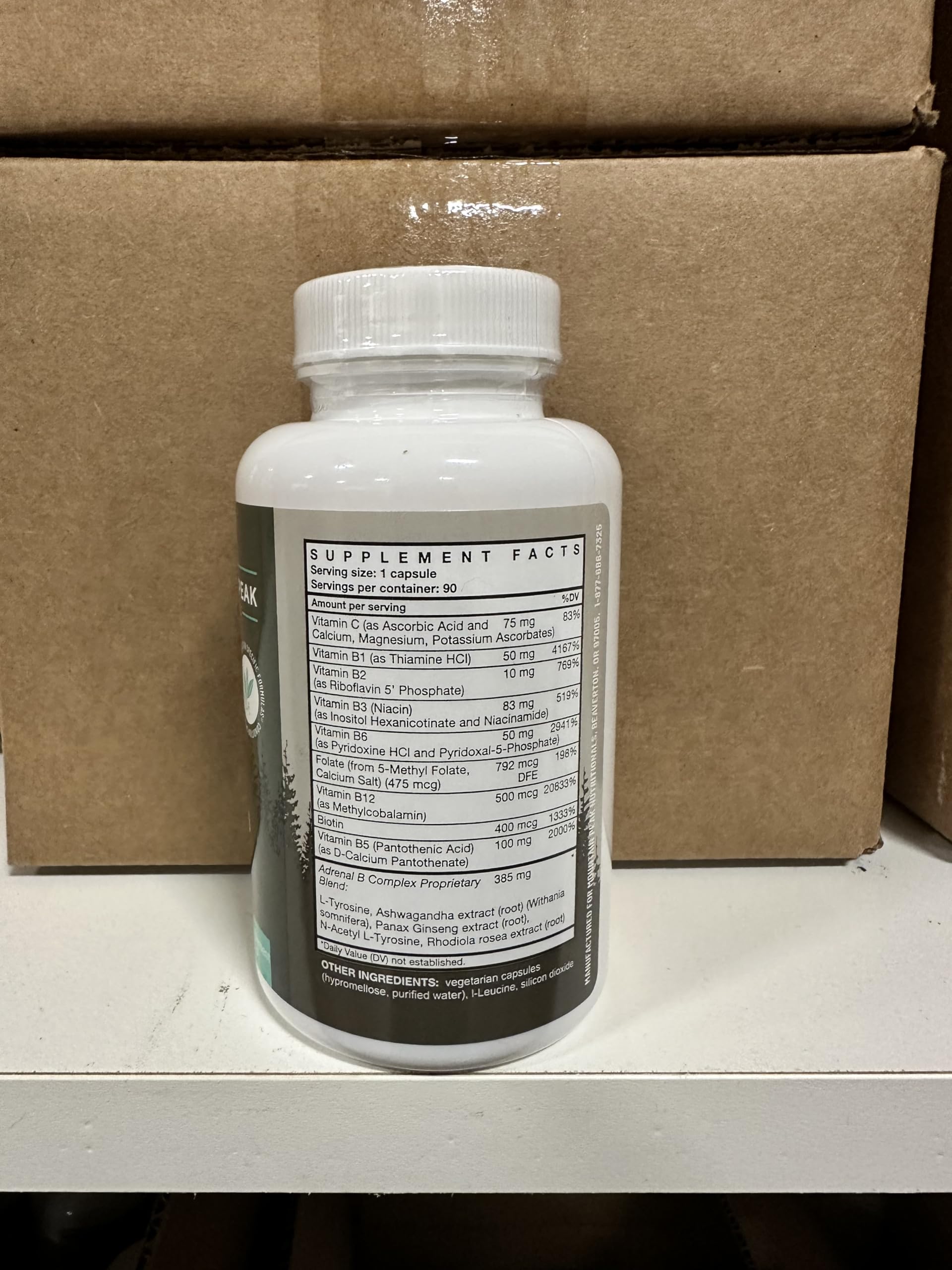 Mountain Peak Adrenal B Complex label detail with Ashwagandha and Rhodiola notes.