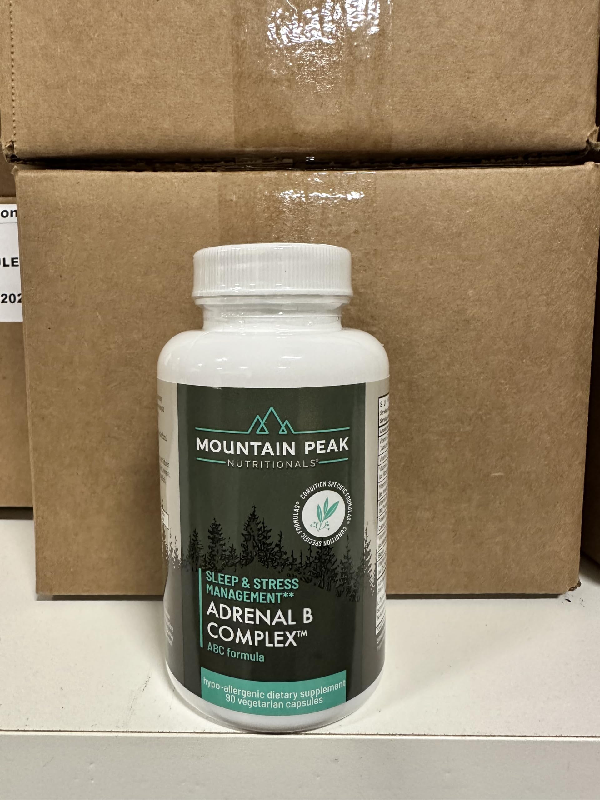 Mountain Peak Adrenal B Complex vegetarian capsules suitable for plant-based diets.
