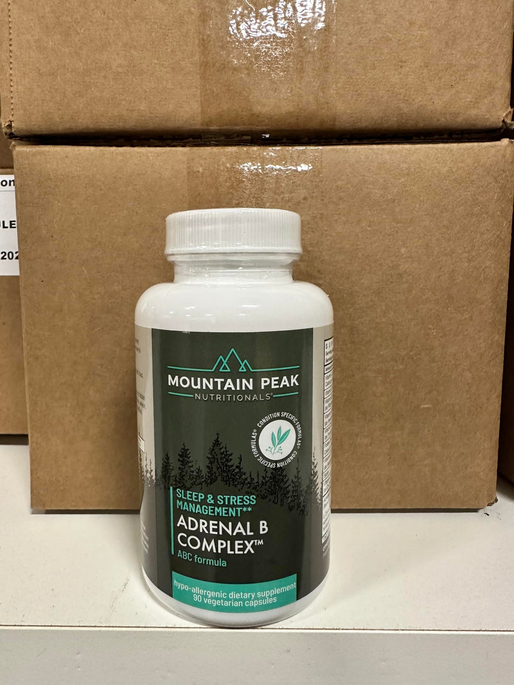 Mountain Peak Adrenal B Complex vegetarian capsules suitable for plant-based diets.