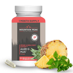 Mountain Peak Aller G Plus bottle shown for seasonal immune support.