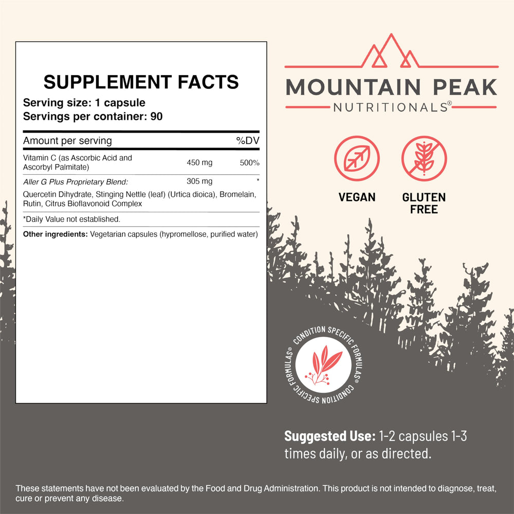 Mountain Peak Aller G Plus label closeup highlighting key ingredients.