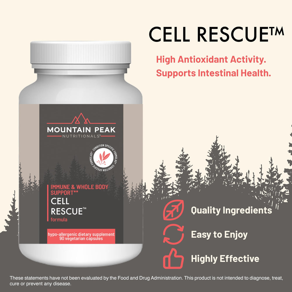 Mountain Peak Cell Rescue capsules closeup highlights turmeric, ginger, and bromelain ingredients