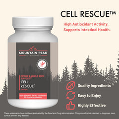 Mountain Peak Cell Rescue capsules closeup highlights turmeric, ginger, and bromelain ingredients