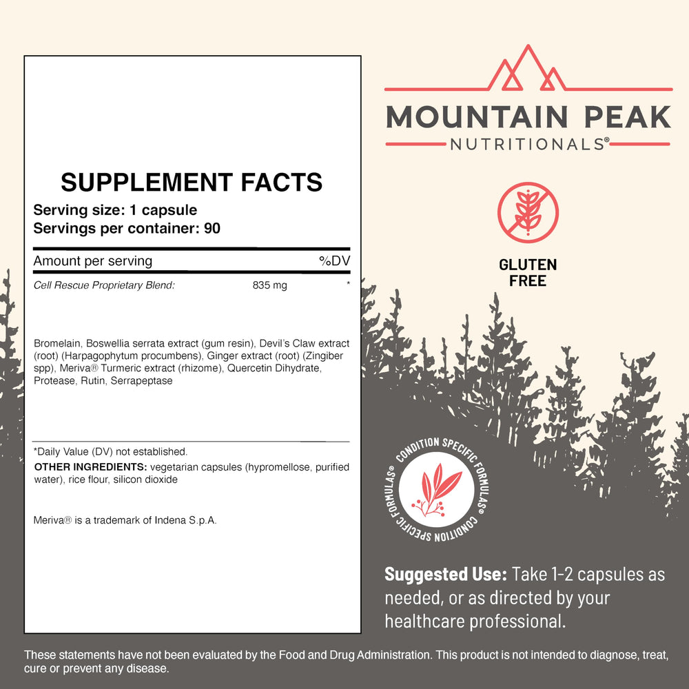 Mountain Peak Cell Rescue label front communicates key benefits and ingredient list