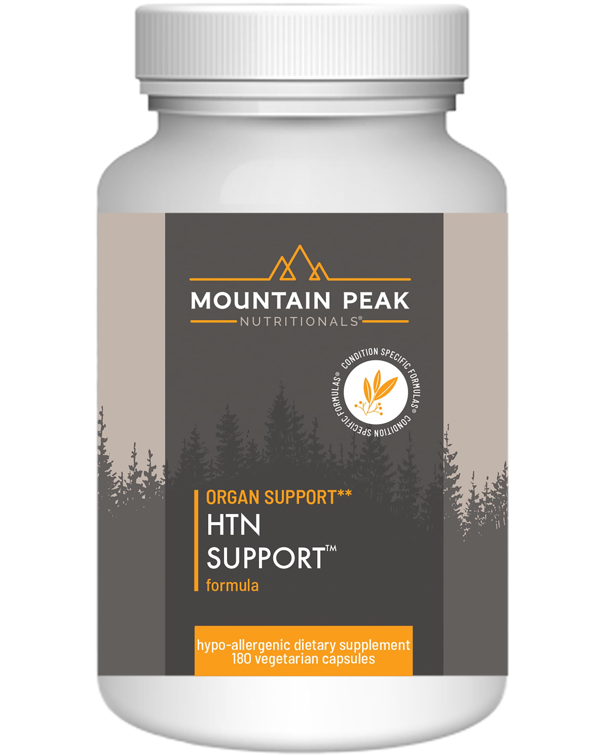 Mountain Peak HTN bottle label highlighting key cardiovascular benefits