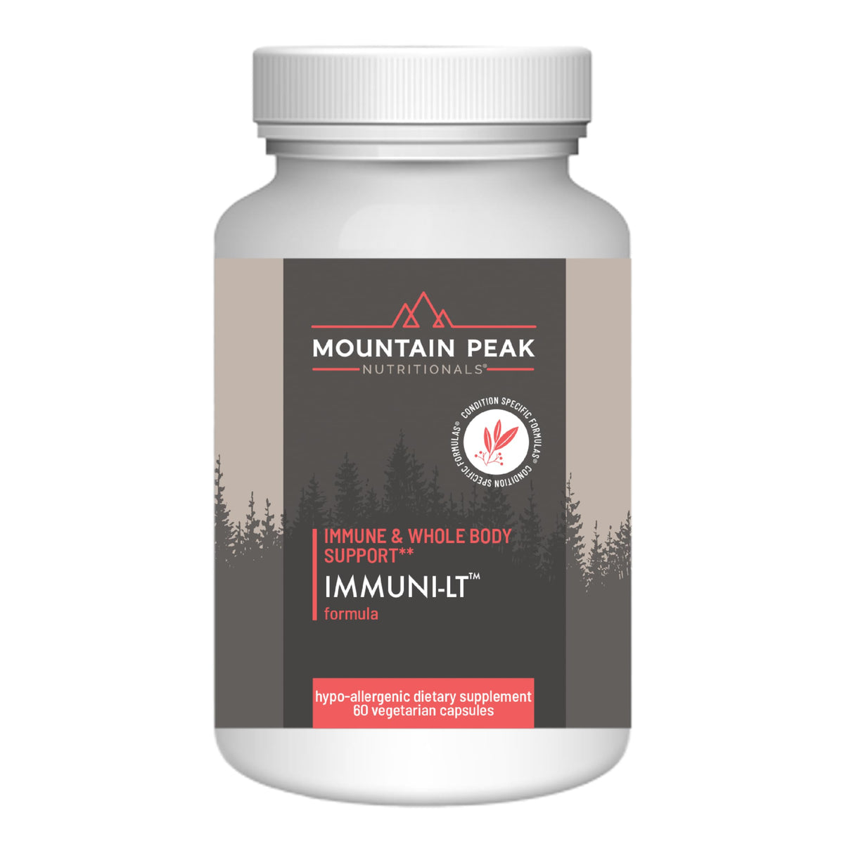 Mountain Peak Immuni-LT bottle front with immune support capsules ready to take.