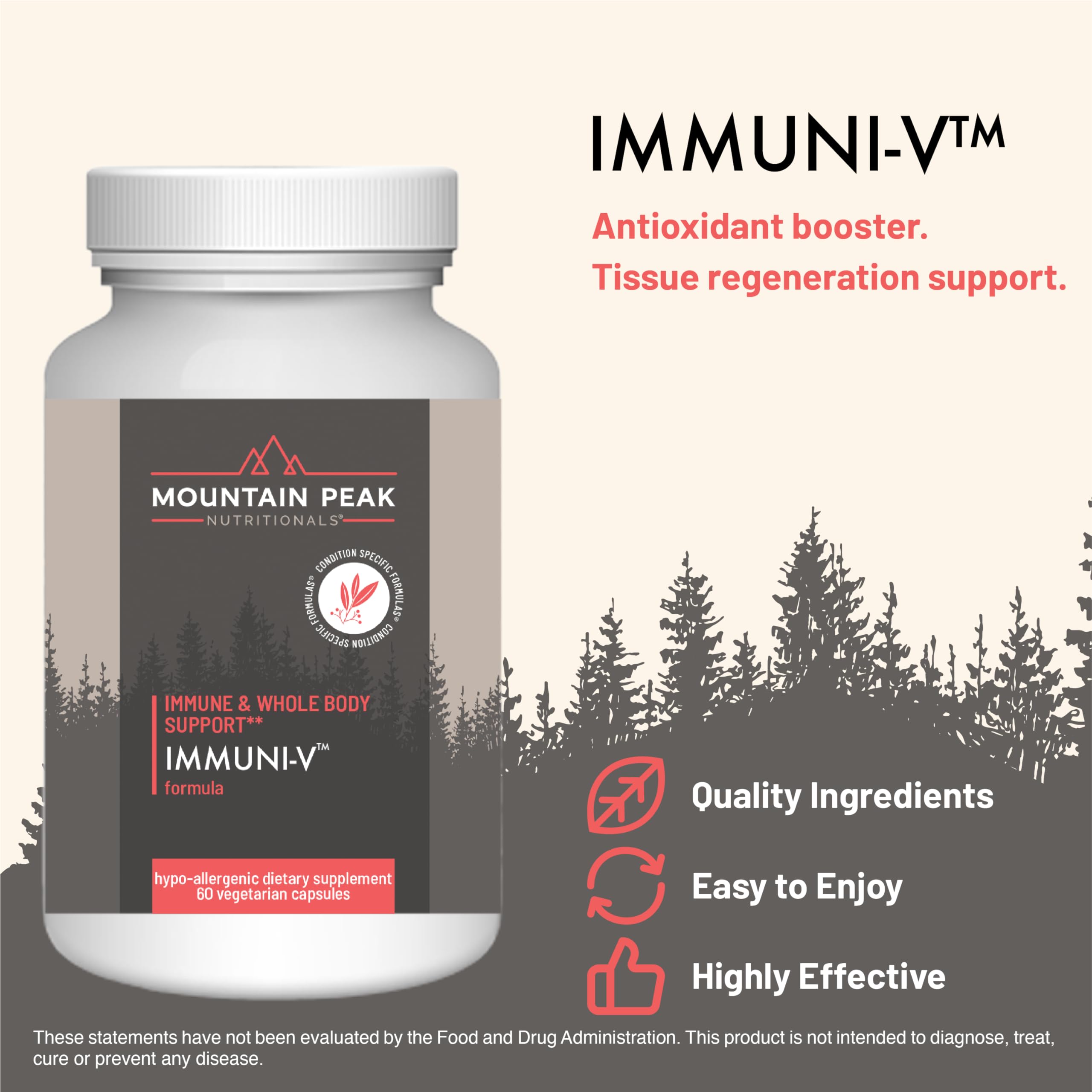 Mountain Peak Immuni-V bottle back label highlighting ingredients and usage.