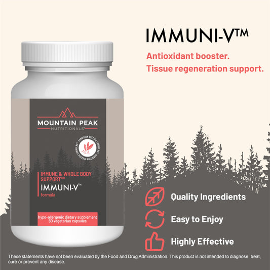 Mountain Peak Immuni-V bottle back label highlighting ingredients and usage.