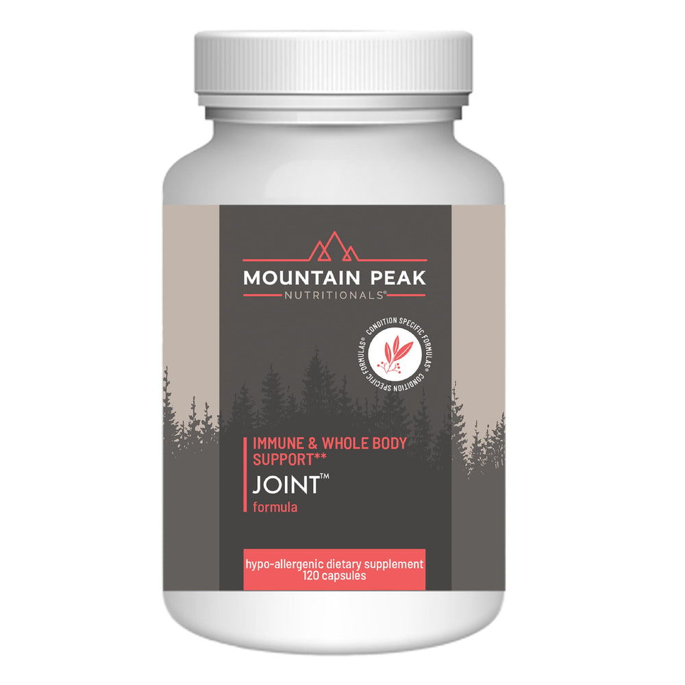 Mountain Peak Joint Formula bottle shows dosage information for daily joint comfort and mobility.