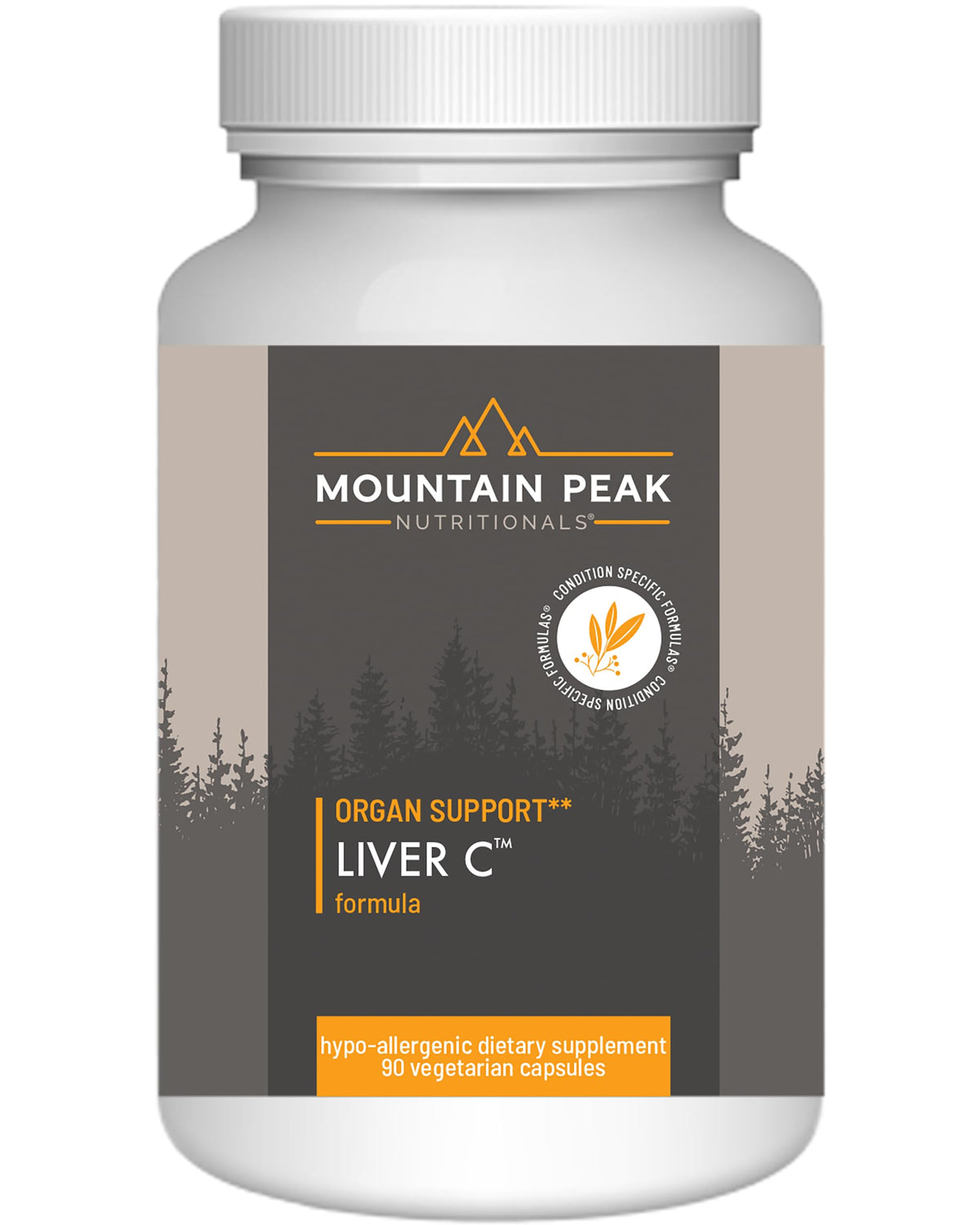 Mountain Peak Liver C bottle on table showcases herbal blend for daily liver support.