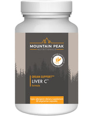 Mountain Peak Liver C bottle on table showcases herbal blend for daily liver support.