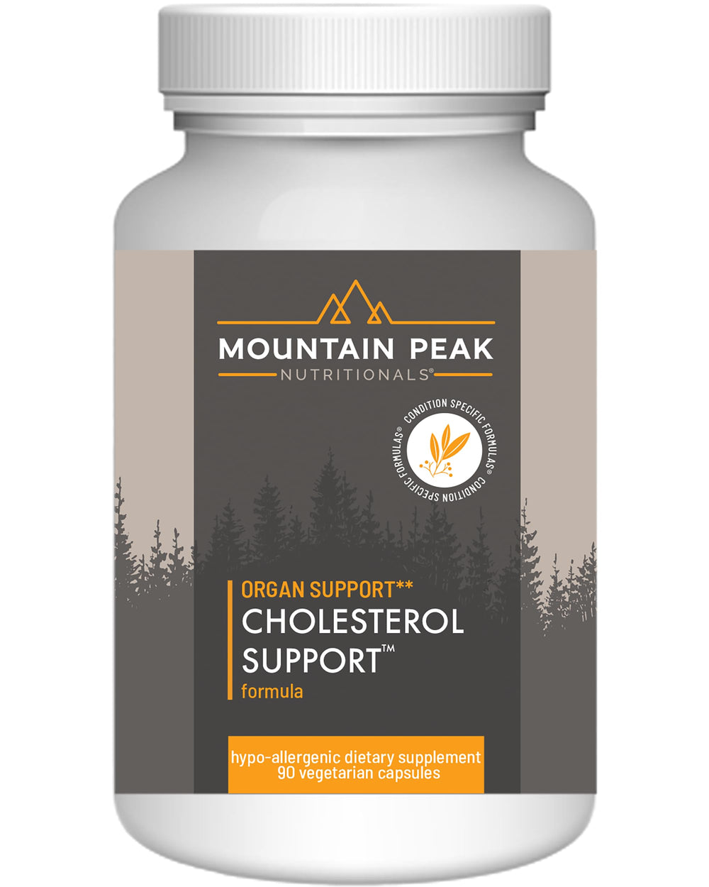 Mountain Peak Nutritionals Cholesterol Support bottle highlights artichoke extract for heart-friendly lifestyle