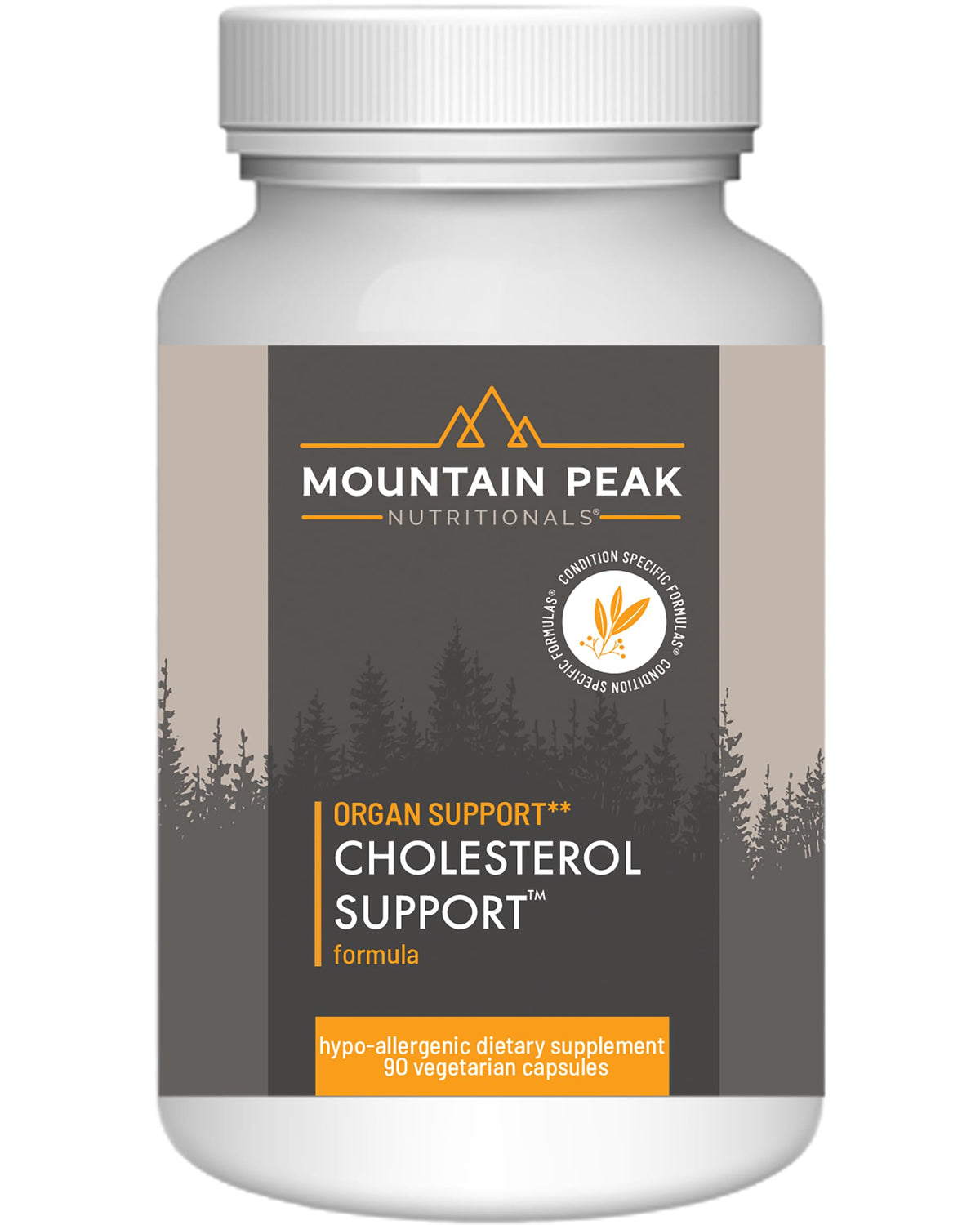 Mountain Peak Nutritionals Cholesterol Support bottle highlights artichoke extract for heart-friendly lifestyle