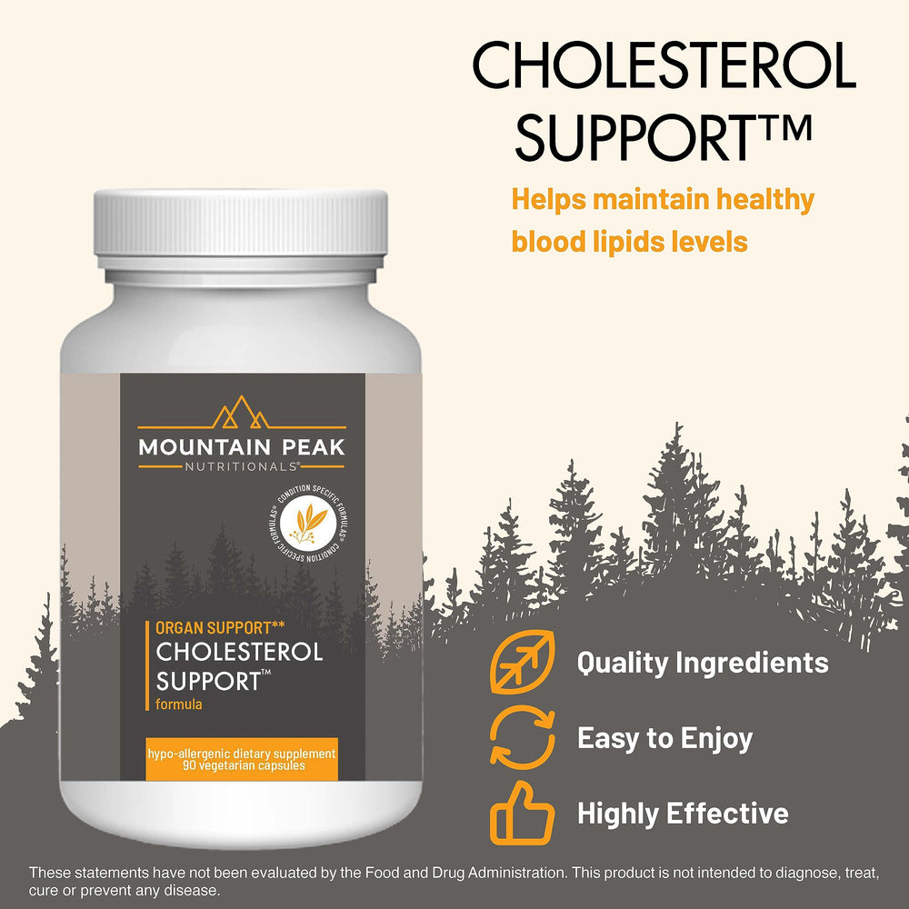 Mountain Peak Nutritionals Cholesterol Support capsules closeup shows vegetarian capsules supporting healthy lipid metabolism