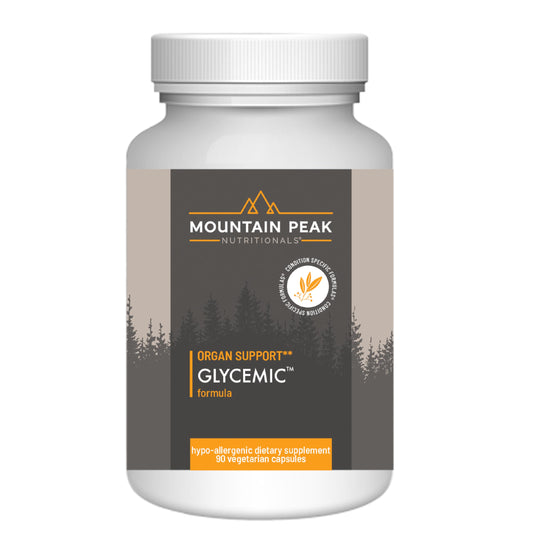 Mountain Peak Nutritionals Glycemic Formula bottle label shows hypoallergenic daily blend for steady energy.