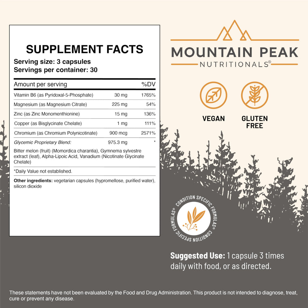 Mountain Peak Nutritionals Glycemic Formula ingredients list features bitter melon and gymnema.