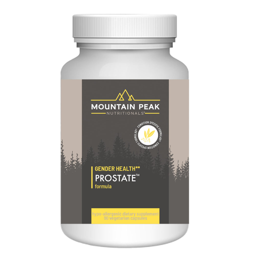 Mountain Peak Nutritionals Prostate bottle front shows label highlighting saw palmetto support for urinary function.