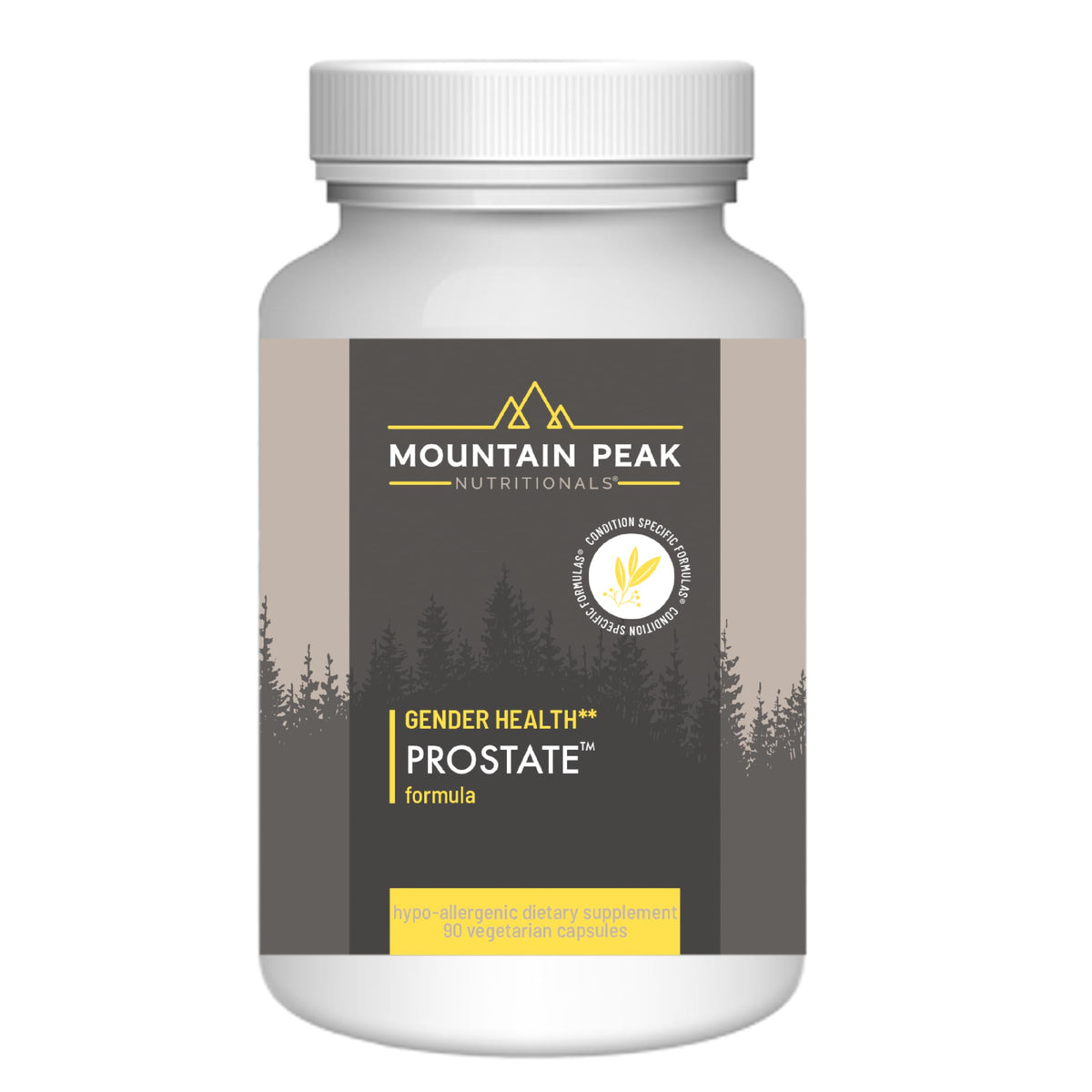 Mountain Peak Nutritionals Prostate bottle front shows label highlighting saw palmetto support for urinary function.